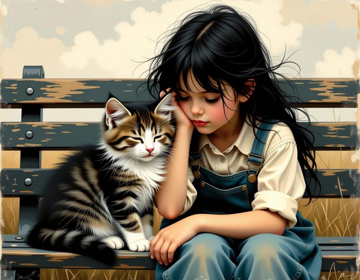 Girl with Kitten on Bench in Jean-Baptiste Monge Style