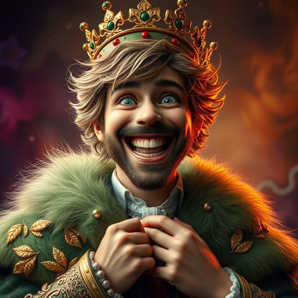 Boyish King in Opulent Green Coat, Hyperrealistic Portrait