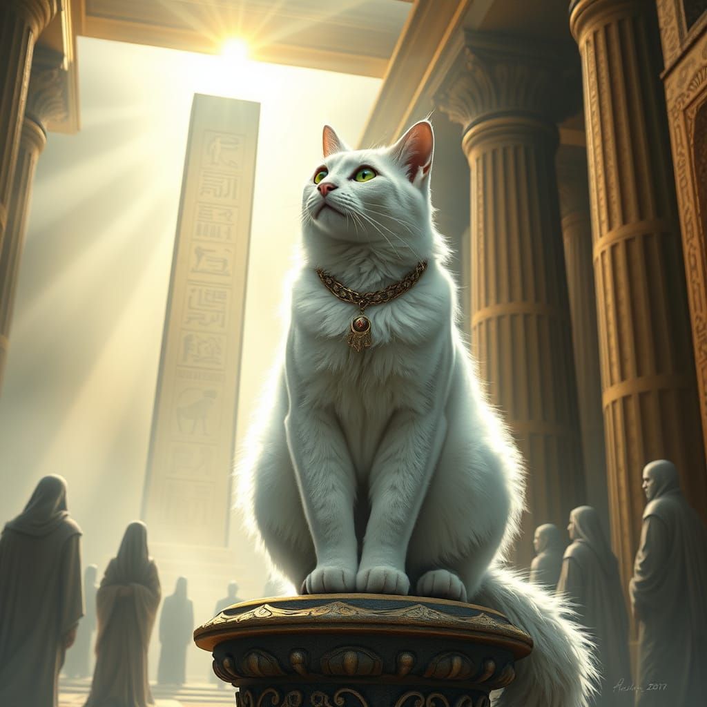 Majestic Snowy Feline Contemplates Ancient Temple