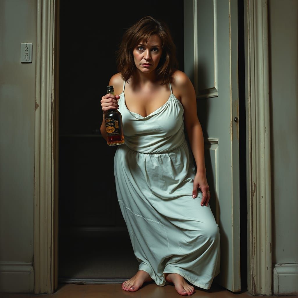 Distraught Woman Leans Against Doorframe, Clutching Whiskey ...