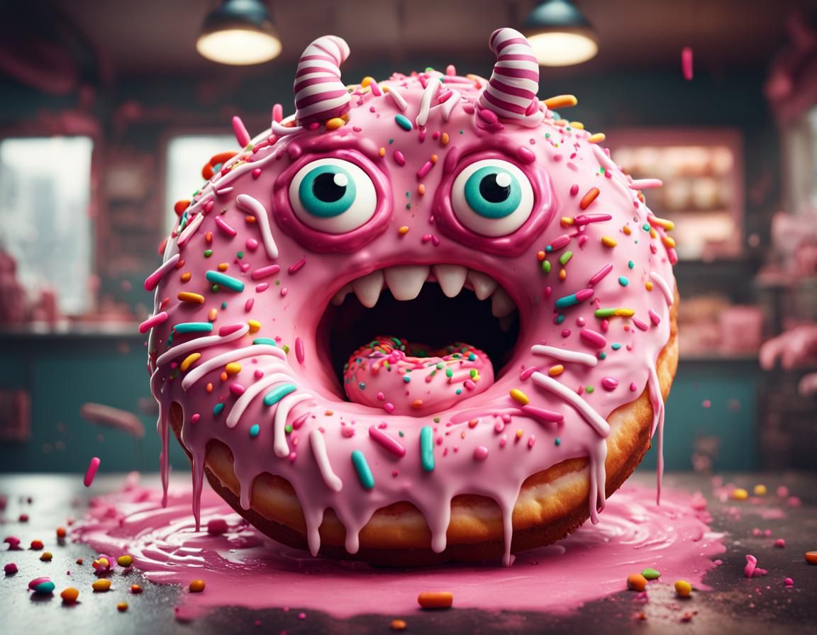 Scary Donut Monster with Candy Horns in Bakery