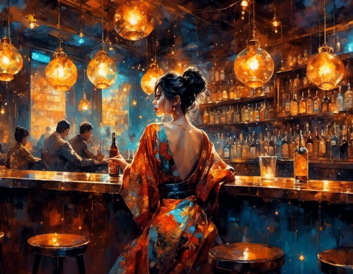 Woman in Kimono at Bar, Digital Ink Art
