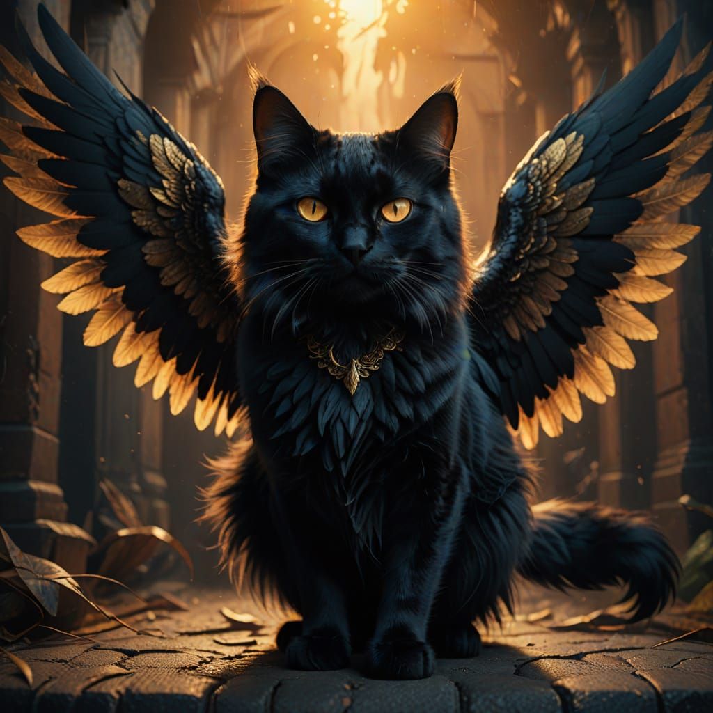 Winged Black Cat in Golden Hour Lighting