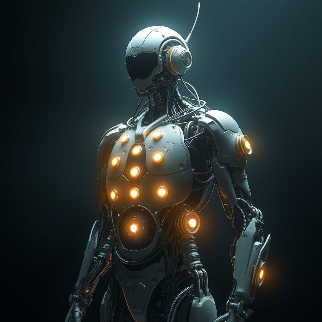 Biomechanical Cyborg with Glowing Lamps: Sci-Fi Concept Art