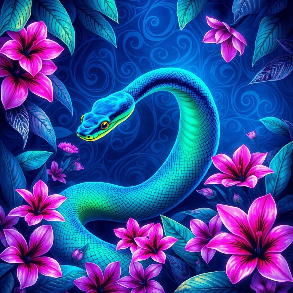 Electric Blue Python Slithers Through Neon Jungle