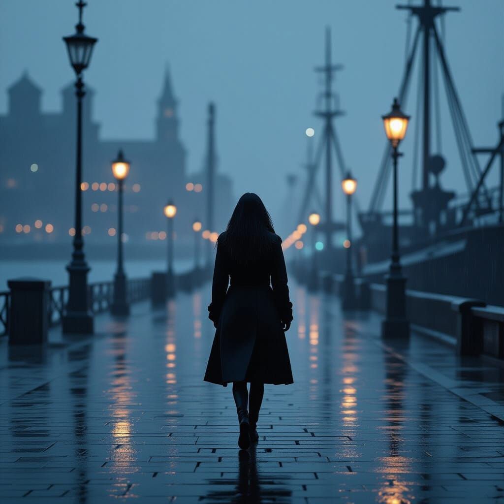 Gloomy Seaport Evening with Woman in Rain, Cinematic Style