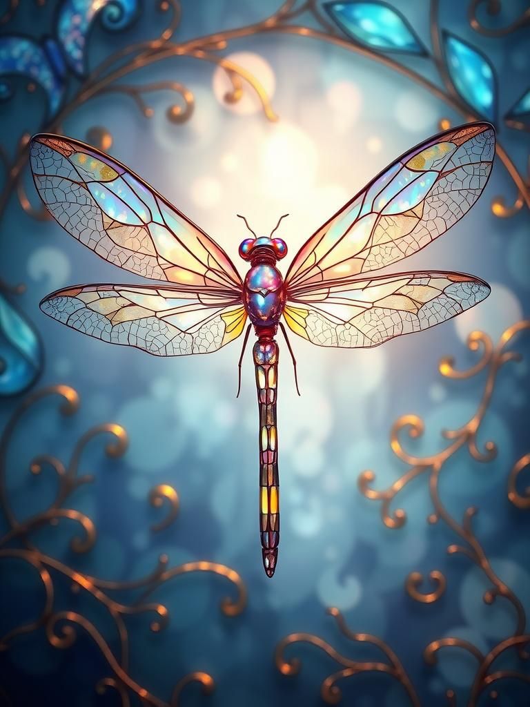 Opalescent Dragonfly Mascot in Art Nouveau Style