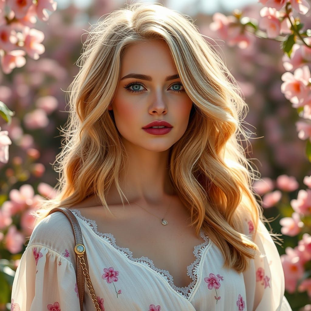 Golden-Haired Woman in Floral Makeup, Impressionist Style