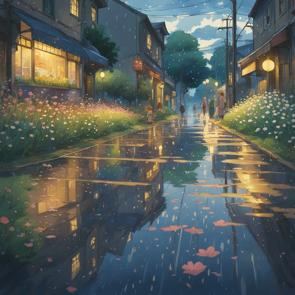 Studio Ghibli Quiet Street Scene in Summer Rain