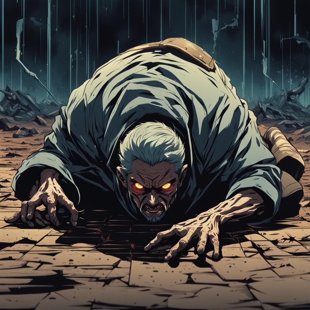 Disturbing Man Crawling: Anime Cel-Shaded Art