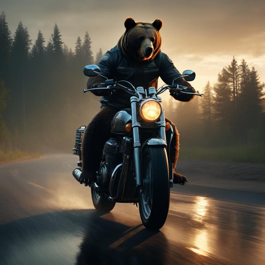 Bear Rides Motorcycle at Sunset in Cinematic Style