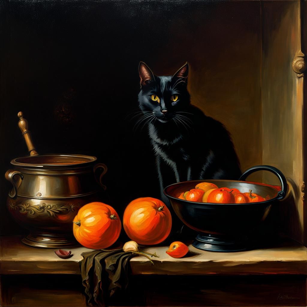 Black Cat in Witch's Kitchen: Baroque Still Life