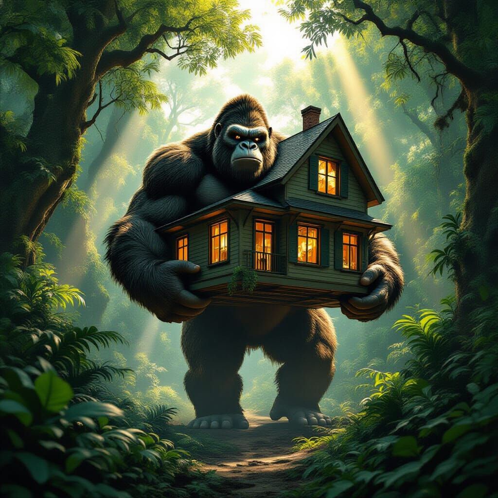 King Kong Carries Modern House Through Sunlit Forest