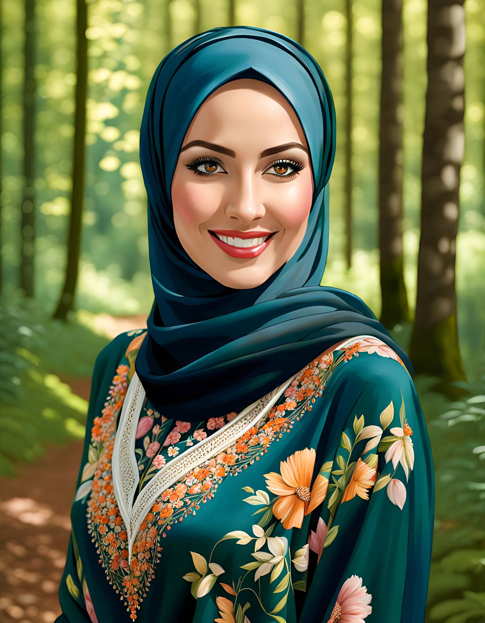 Elegant Woman in Floral Hijab, Oil Painting Style