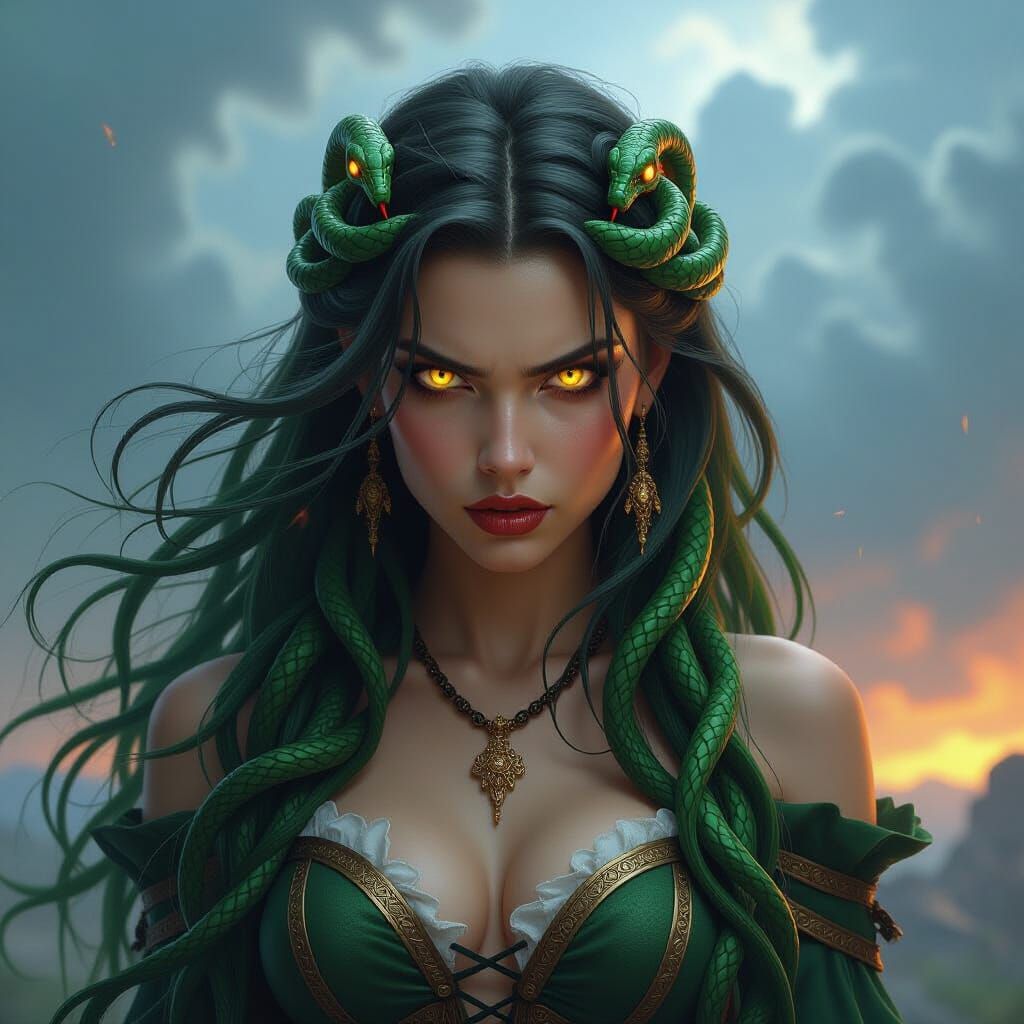 Fantasy Medusa Woman with Snake Hair in Stormy Sky