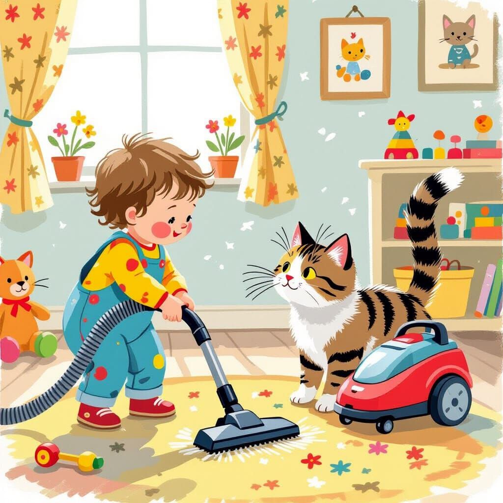 Toddler, Cat, and Vacuum in Whimsical Style
