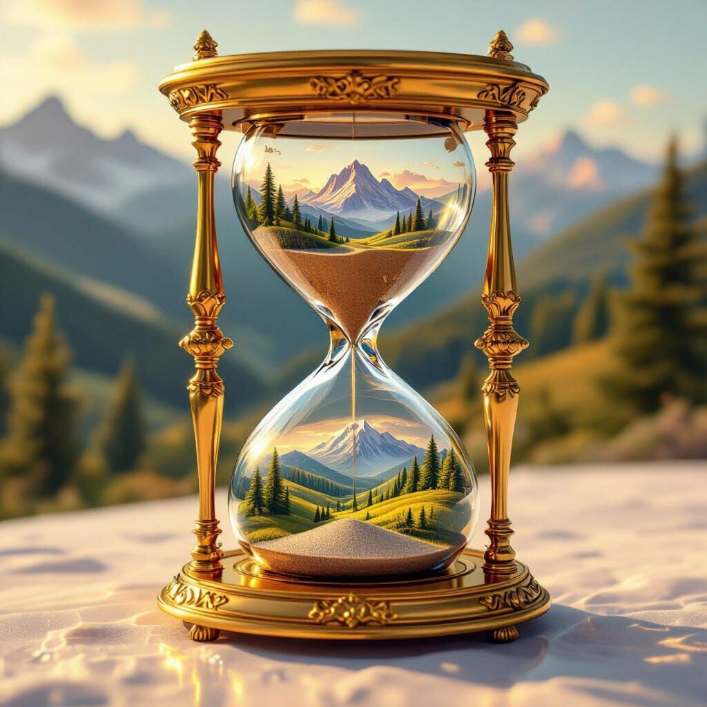 Golden Hourglass With Miniature Landscape in Hyperrealistic ...