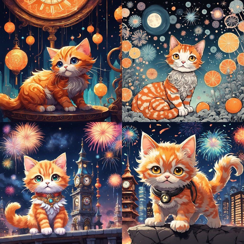 Vibrant Chibi Kitten Amidst Glowing New Year's Fireworks