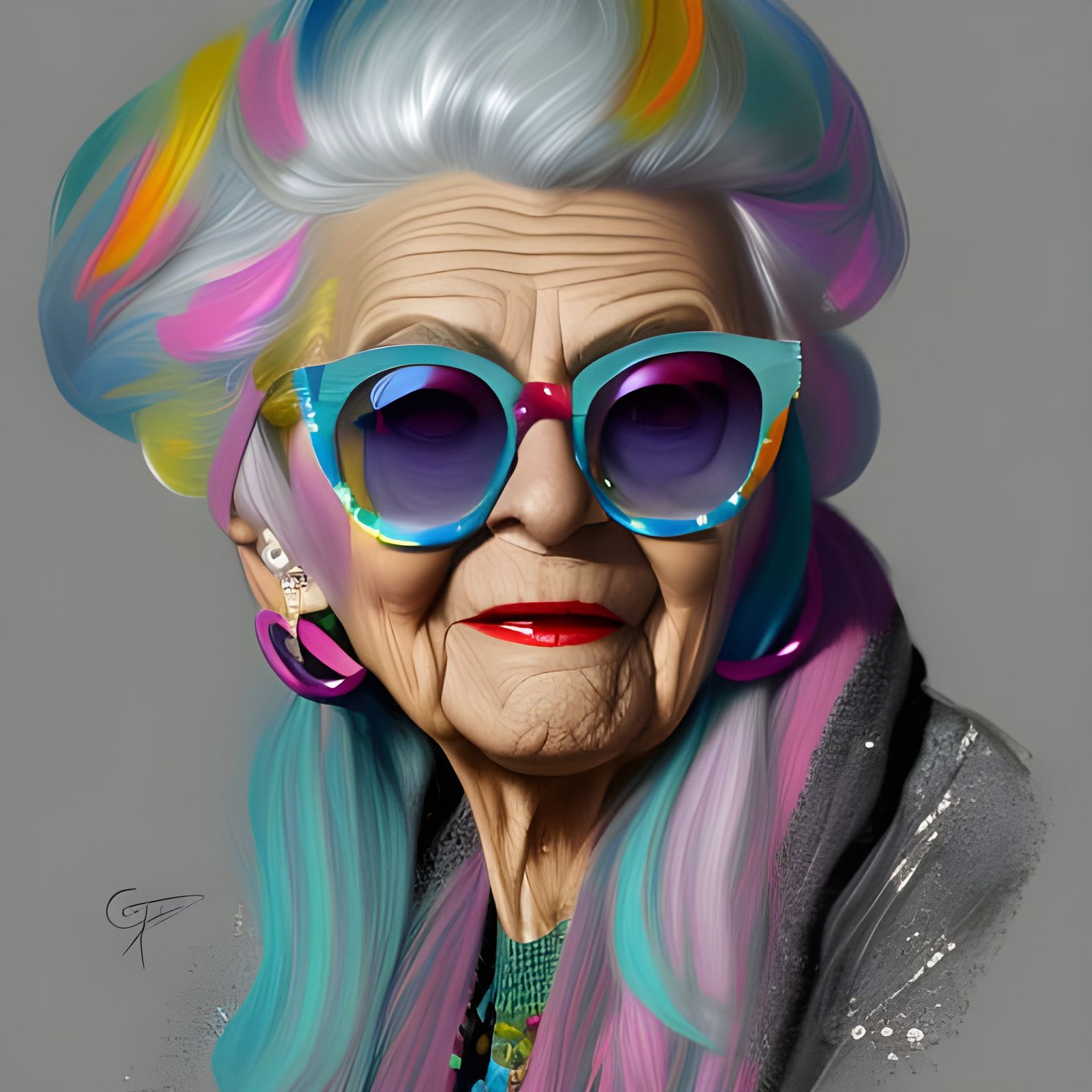 Happy Old Lady with Sunglasses in Photorealistic Style