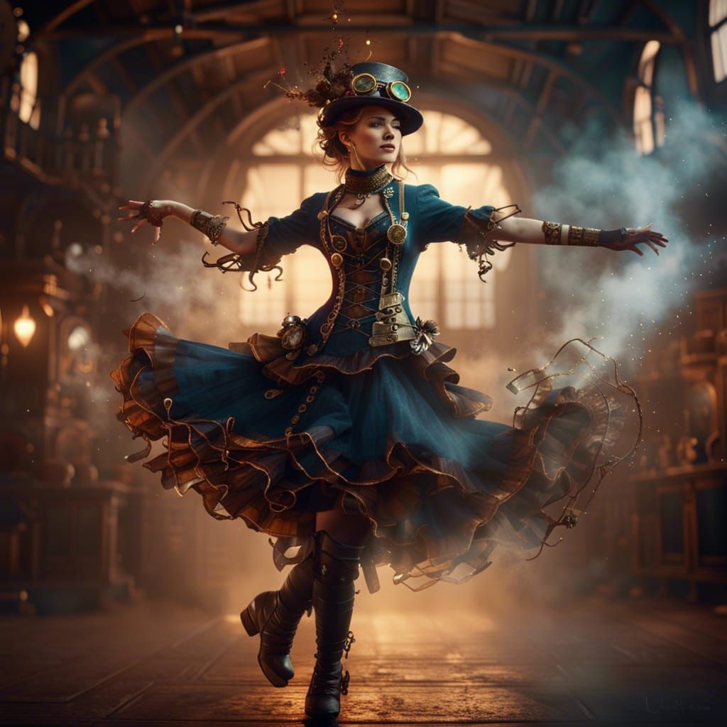 Elegant Steampunk Girl Dancing in Steam