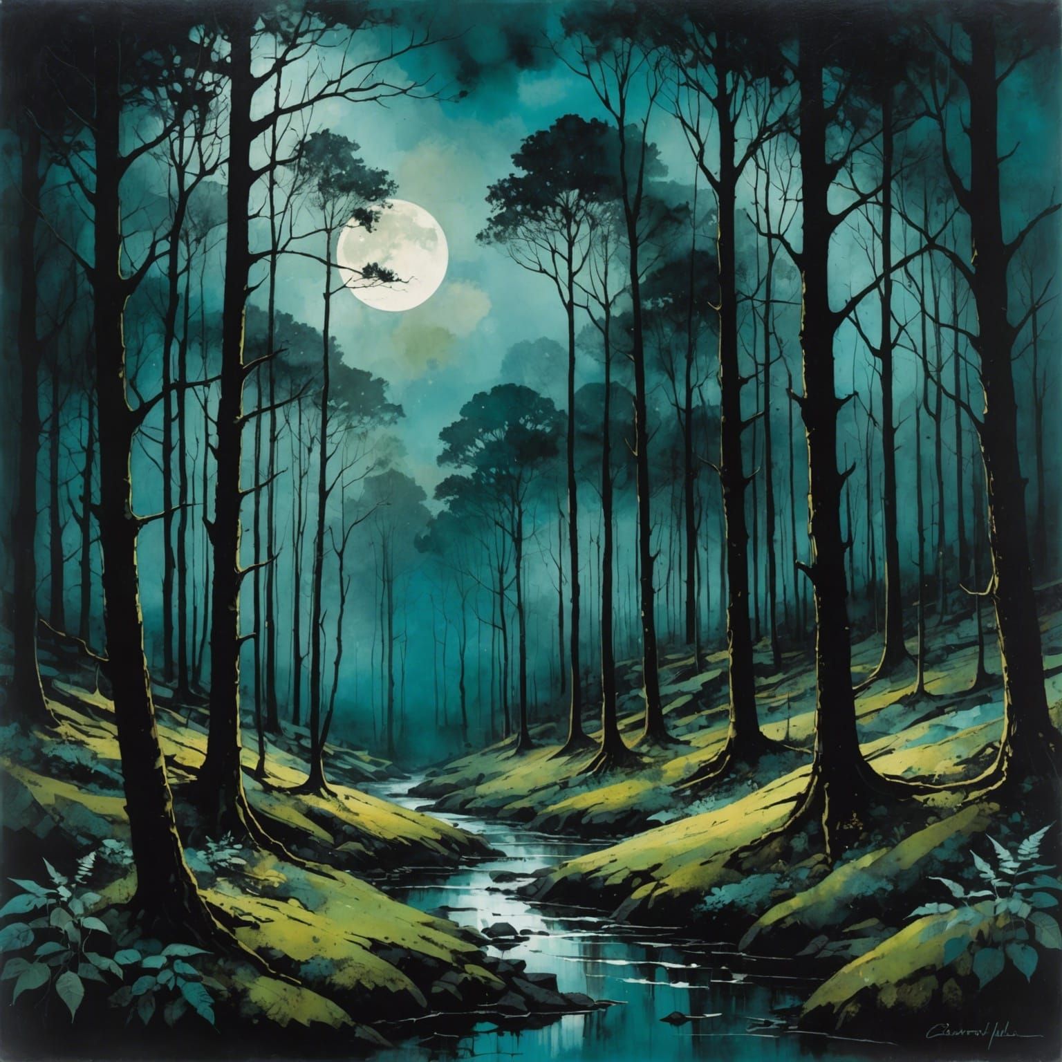 Moody Forest Moonscape in Art Brut Style