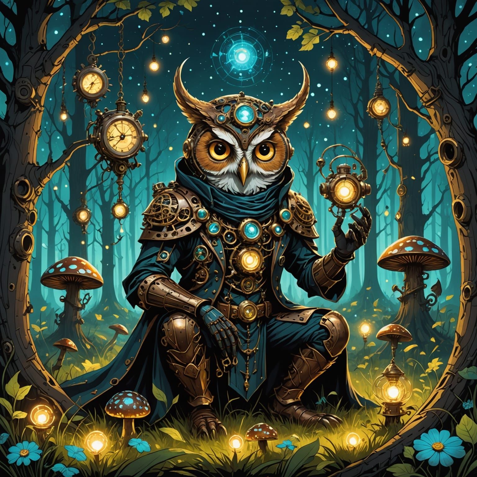 Steampunk Oracle in Bioluminescent Mushroom Field