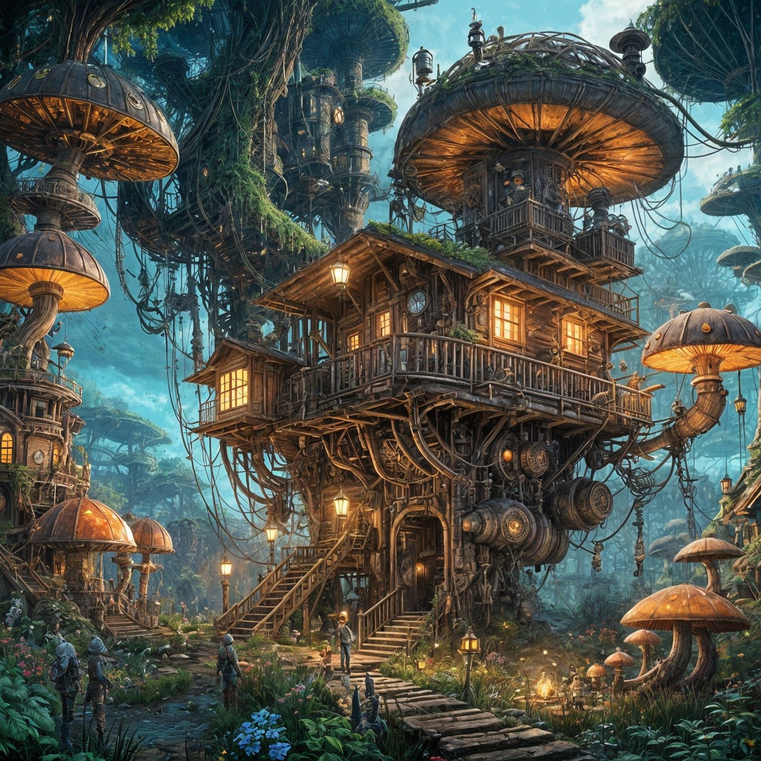 Steampunk Cabin Amidst Giant Bioluminescent Mushrooms