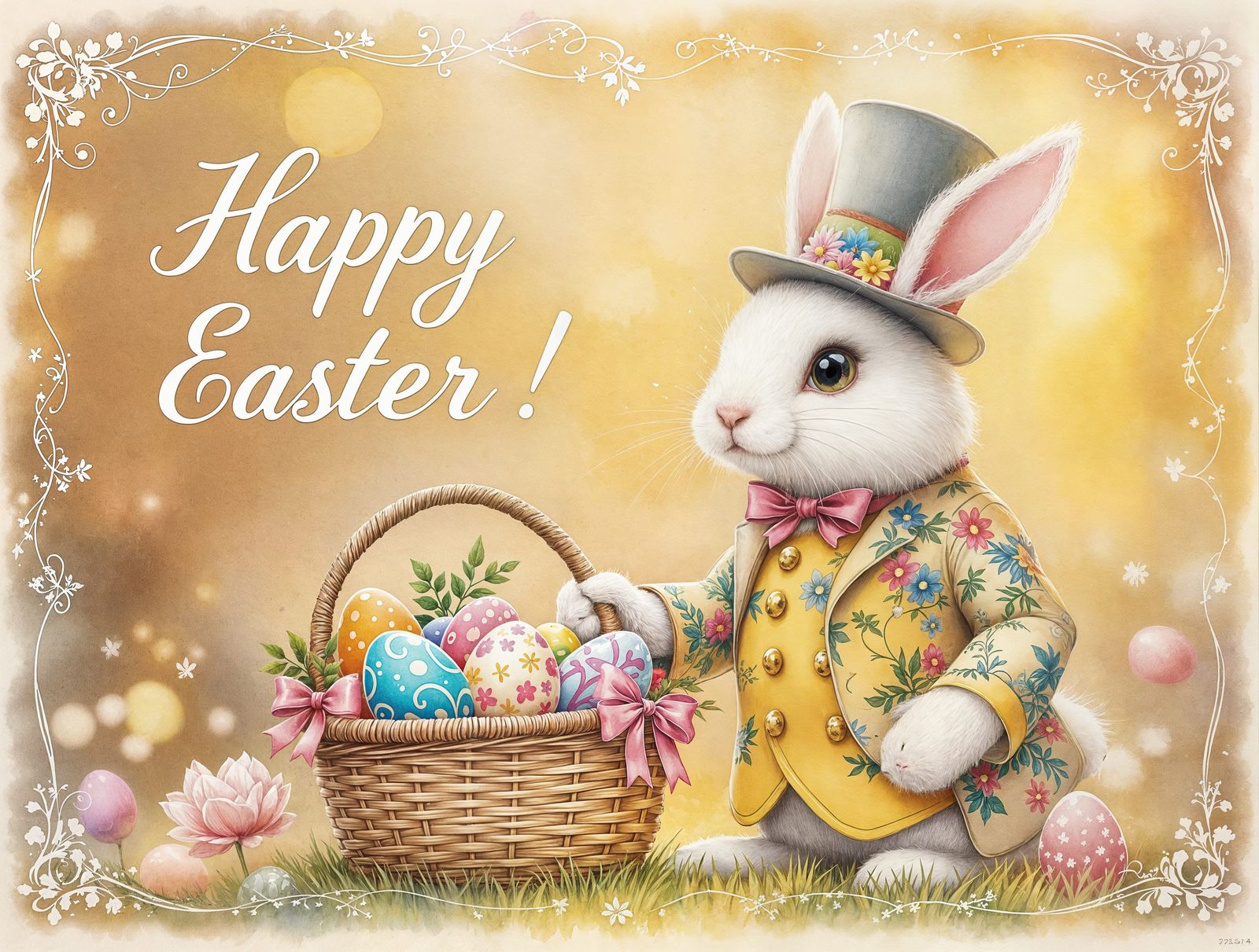 Vintage Easter Rabbit Holding Colorful Easter Basket in 1800...