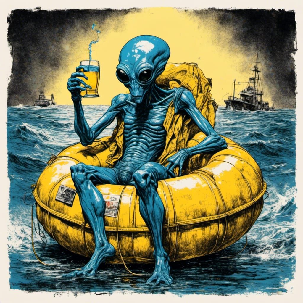 Blue Alien Sipping Drink in Yellow Raft