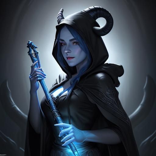 Blue Tiefling Sorceress Bard Portrait in Fantasy Art