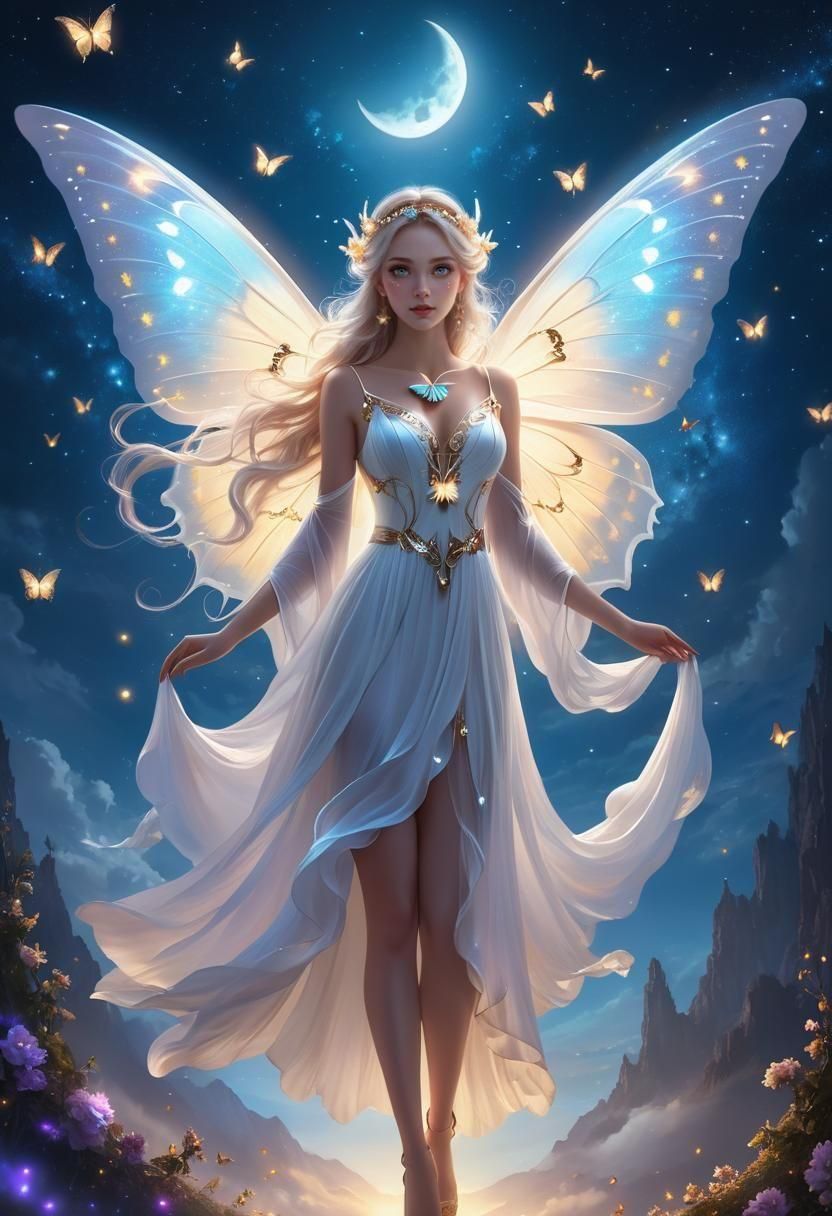 Fantasy Fairy with Butterfly Wings under Crescent Moon