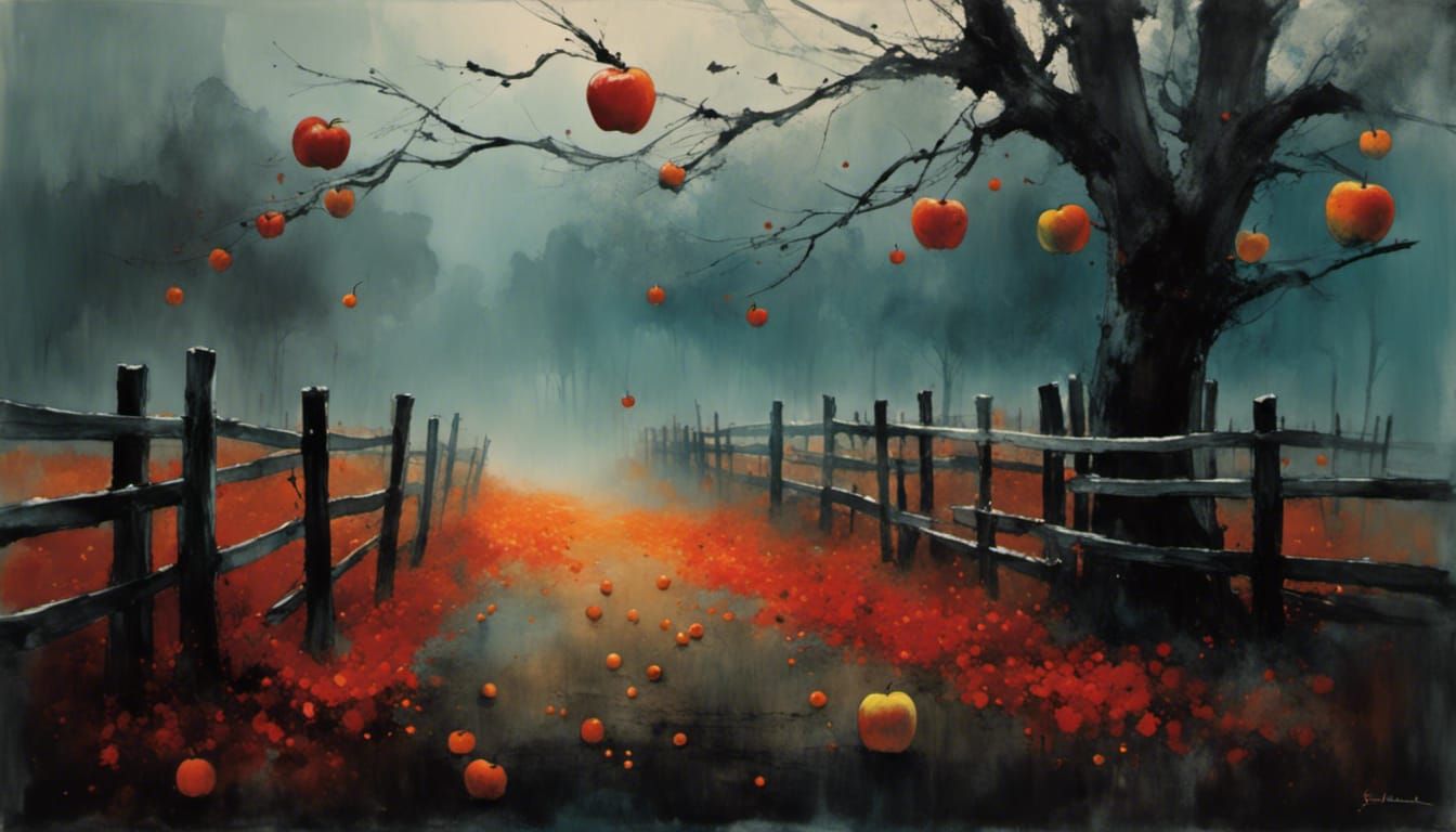 Surreal Apple Orchard at Night in Rothko Style