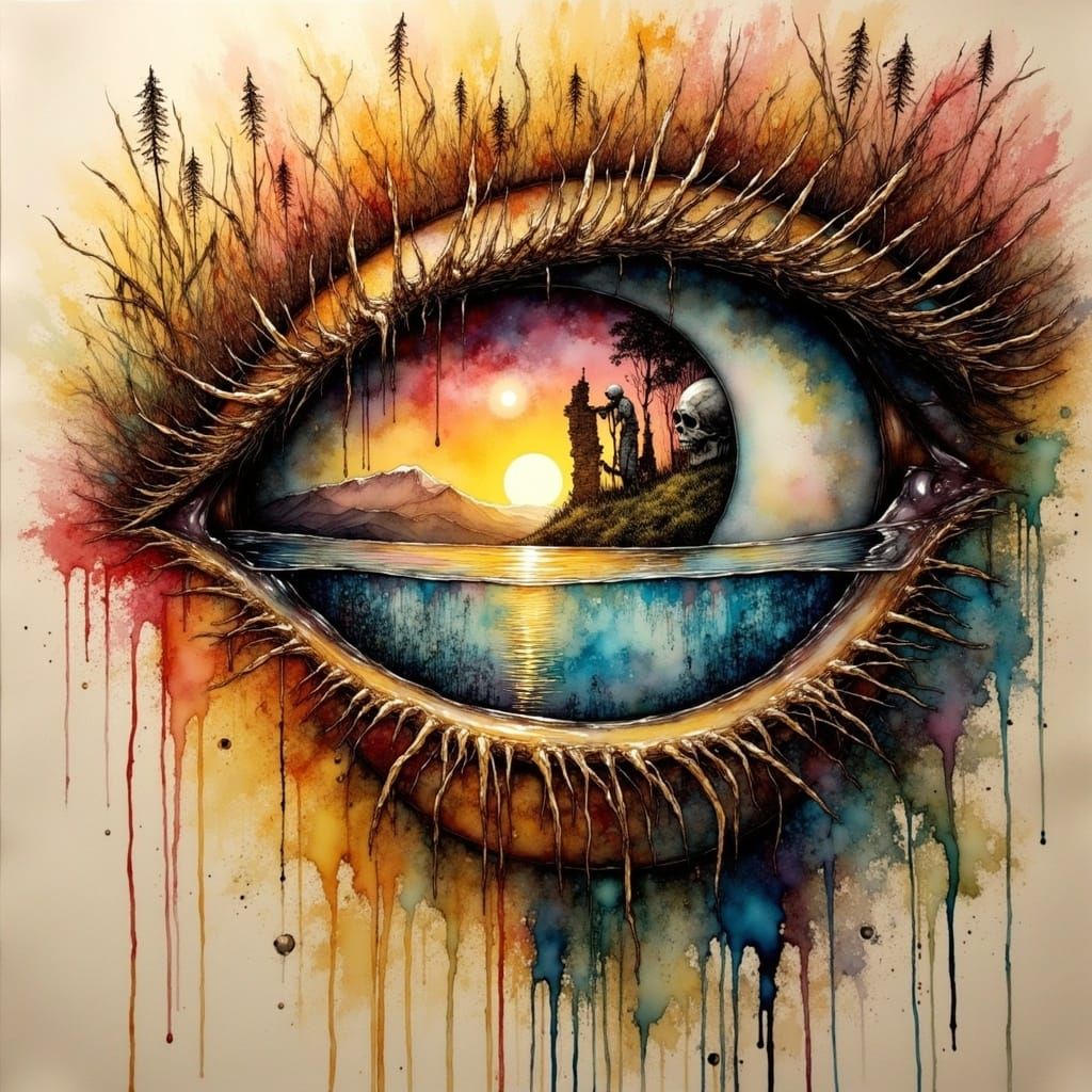 Dreamlike Scene Blending Oil Painting and Ink Accents on Tex...