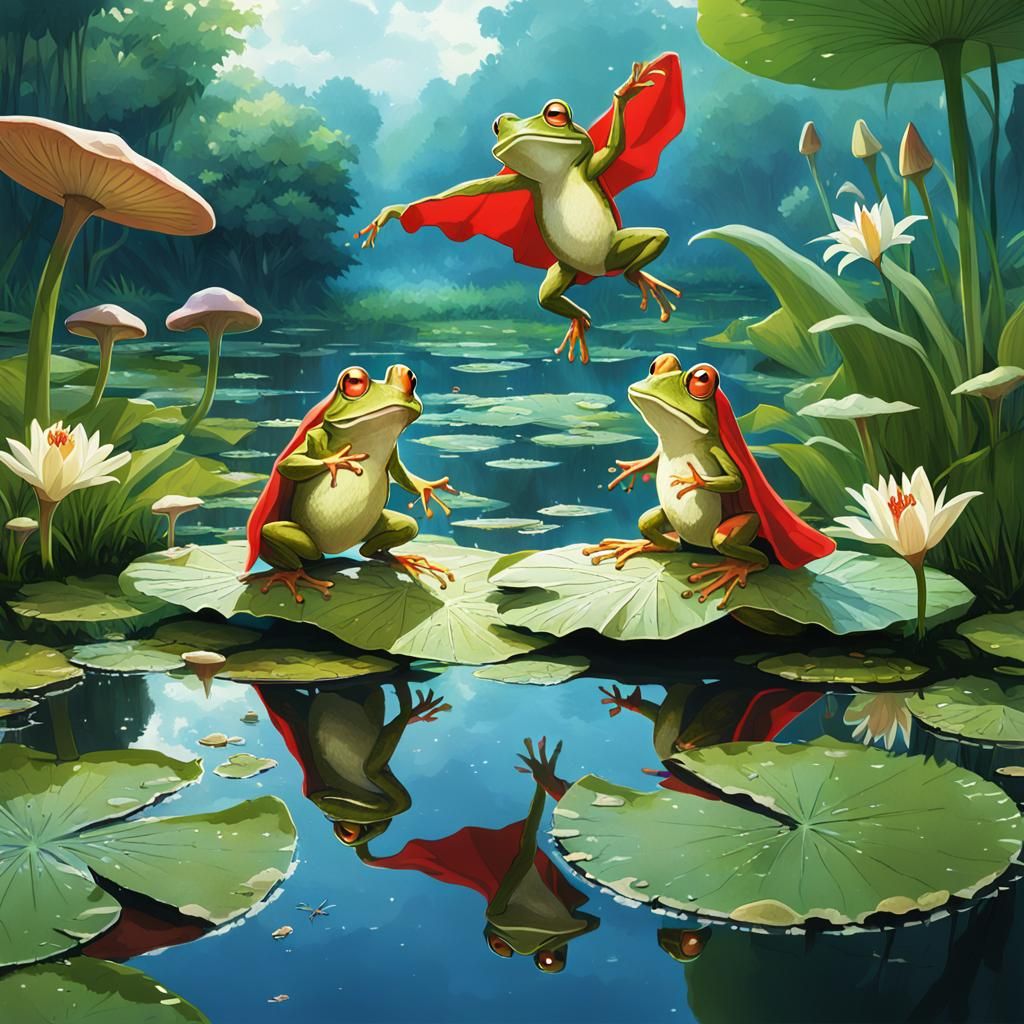 Frogs Dancing in Anime Style on Lily Pad