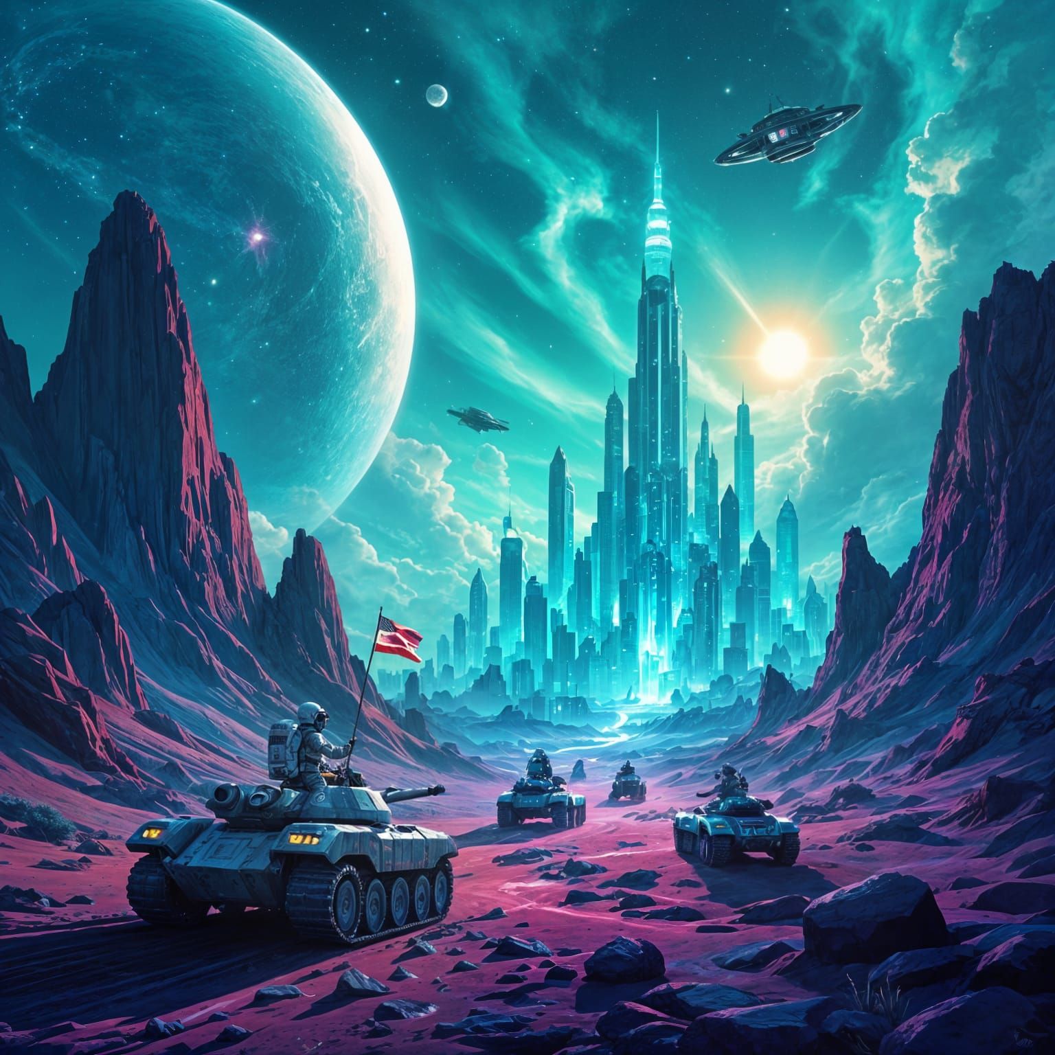 Astronaut Plants Flag on Bioluminescent Planet Near Alien Ci...