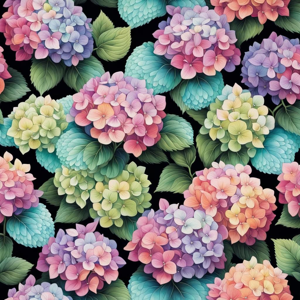 "A Black background with Hydrangea saturated Pink Peach Yellow Mint Green Aqua Lavender Optical Illusion pulls you into...