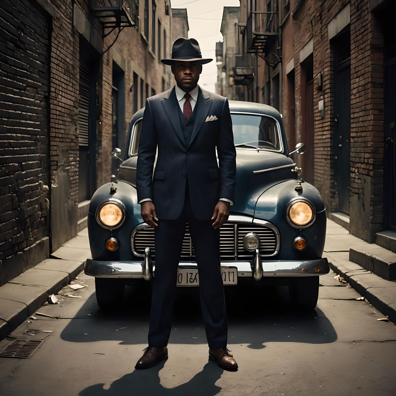 (1920s vintage portrait:1.3) photo of a 1924 gangster, wearing a pinstripe suit and fedora, standing next to his classic...