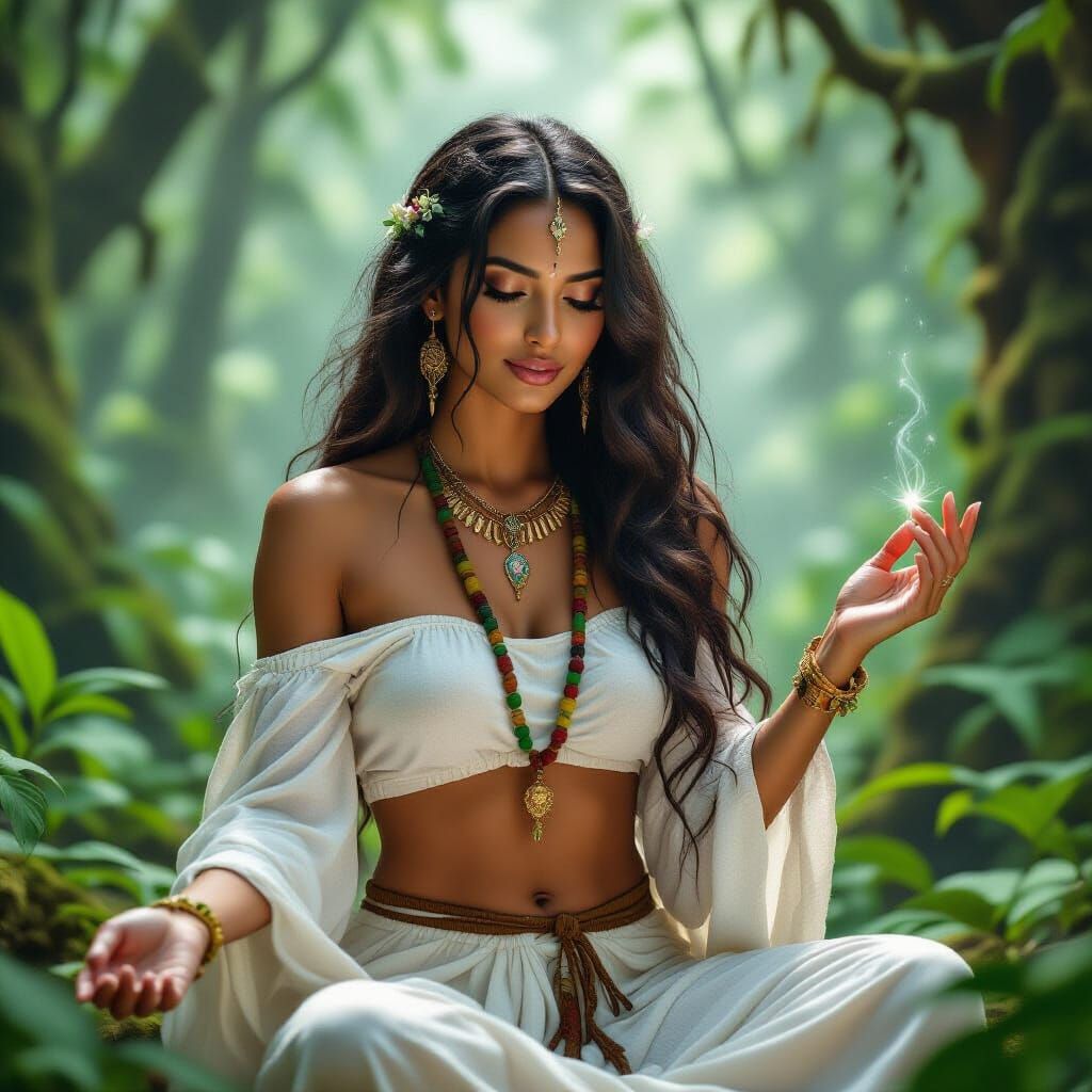 Lemurian Priestess Healing in Misty Forest, Dreamlike Art