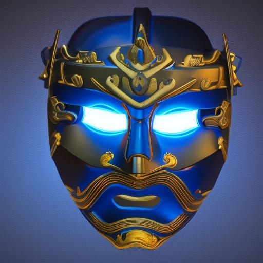 Blue Glowing Samurai Mask in Golden Hour Lighting