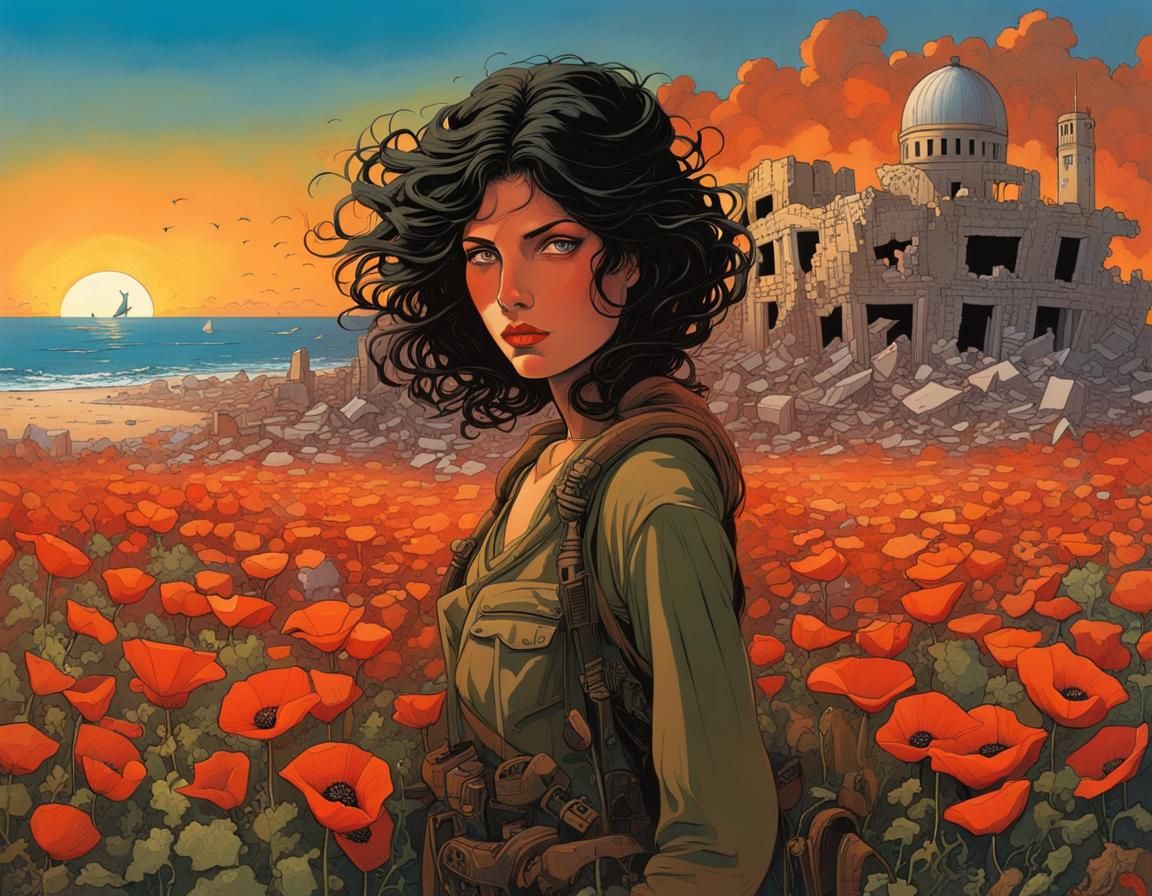 Poignant Palestinian Girl in War-Torn Gaza, Moebius Style