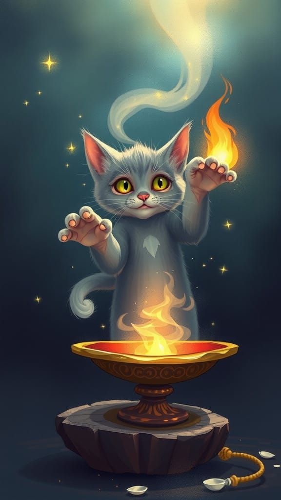 Whimsical Kitten Genie Emerges from an Ancient Lamp