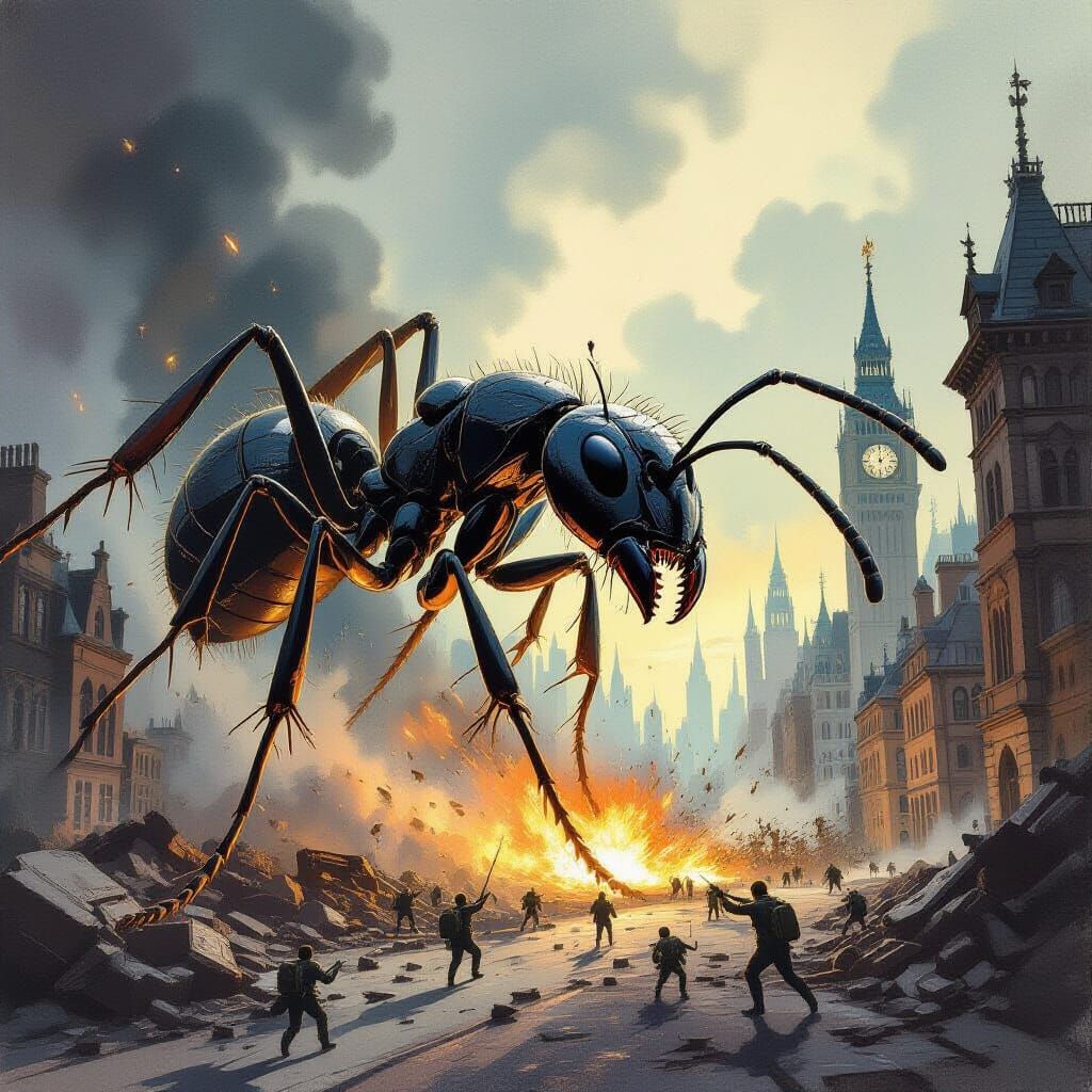 Giant Ant Attacks Detailed Cityscape in Gouache Painting Sty...