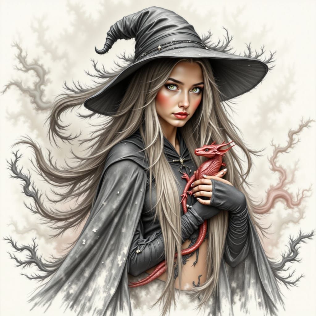 Young Witch with Dragon in Colored Charcoal Style