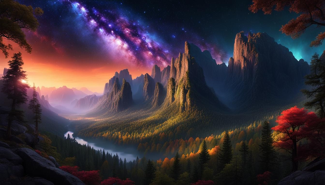 Dramatic Night Landscape with Nebula, Digital Matte Painting