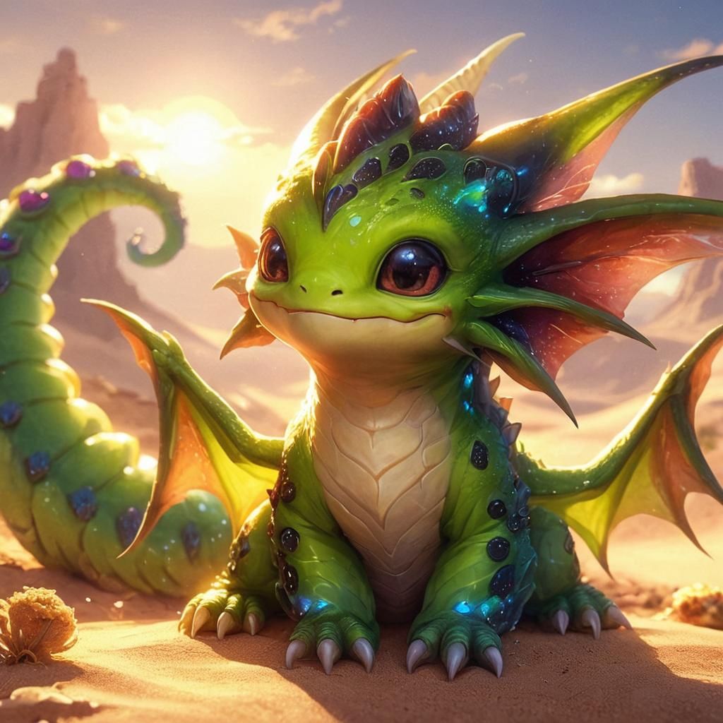 Adorable Green Alien Dragon in Desert Landscape