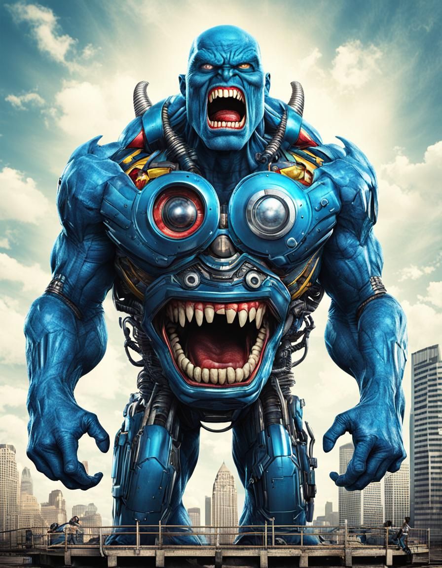 Superhero Man-Machine with Giant Mouth Monster