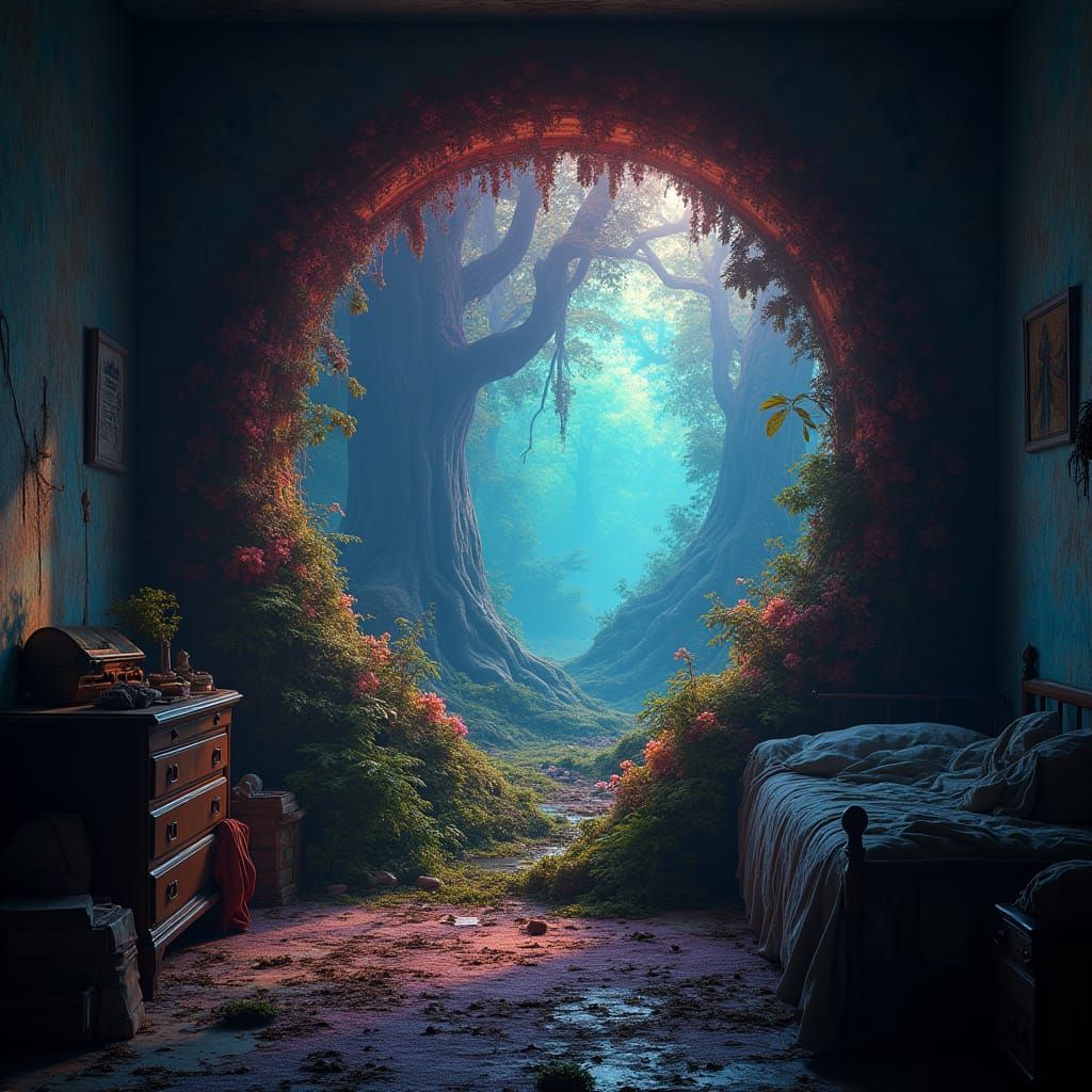 Glowing Portal to a Mythical Forest in a Dimly Lit Bedroom