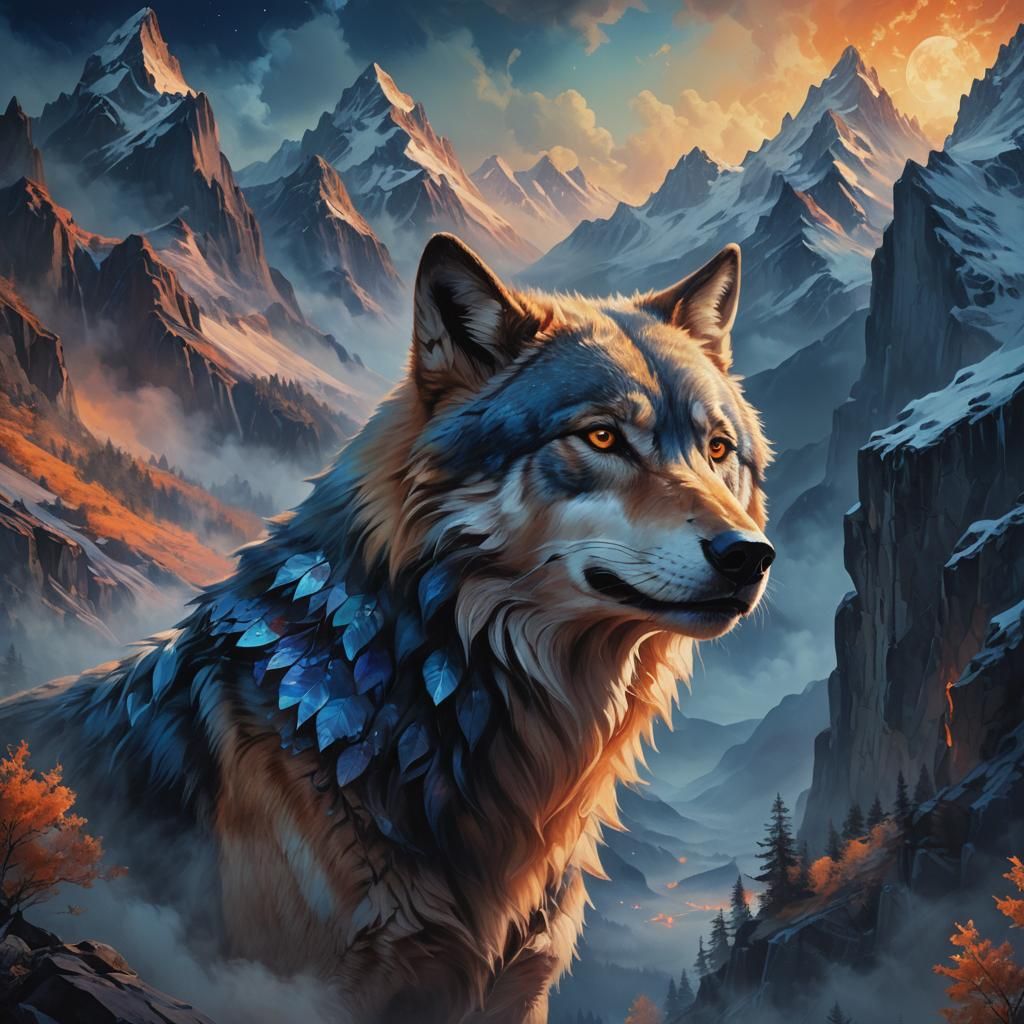 Iridescent Wolf Head in Misty Mountains
