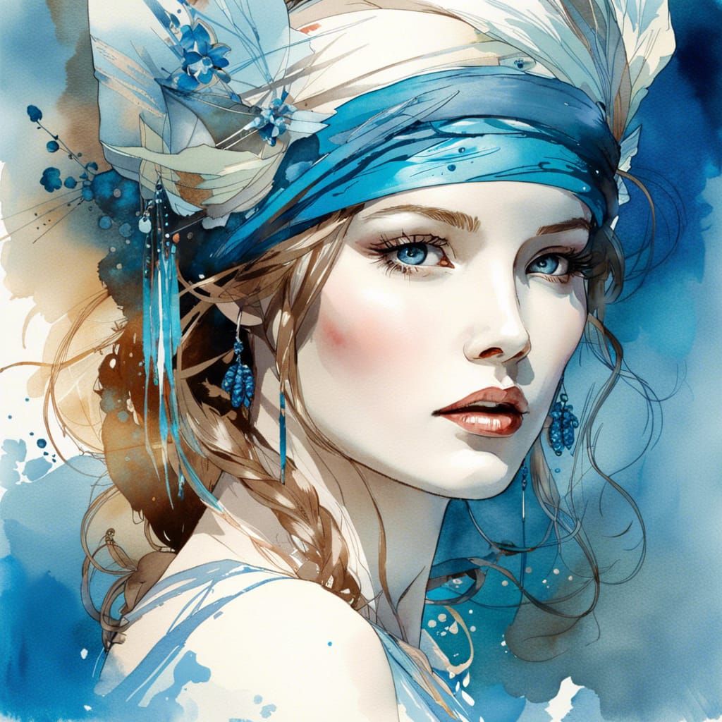 Ethereal Maiden in Watercolor Digital Illustration