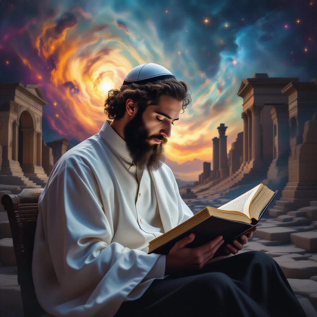 Surreal Double Exposure: Person Studying Torah Amidst Cosmos